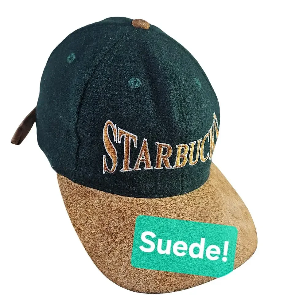 Starbucks Vintage 90s Suede n Wool Blend Rare Find Green n Beige hat. Seattle WA